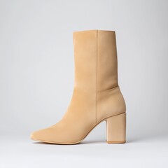  stylish beige ankle boot with a chunky heel, featuring a sleek design and smooth suede material, perfect for modern fashion.