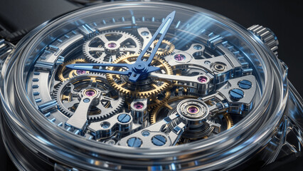 Detailed macro view of a luxury mechanical watch movement showing intricate blue hands and gold gears for high precision horology and craftsmanship appreciation.