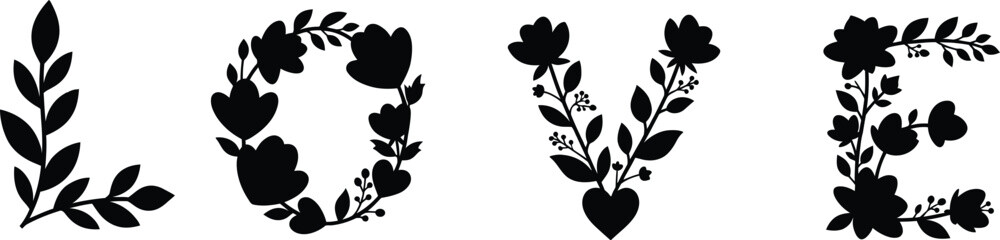 Decorative floral typography spelling love word with blooming flower silhouettes for romantic valentine design. © MstBaby