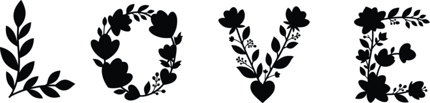 Decorative floral typography spelling love word with blooming flower silhouettes for romantic valentine design.