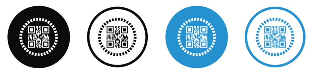 Obraz premium Set of QR code vector icons in different styles. Minimalist square matrix barcodes inside circular borders in black and blue, ideal for digital payments, scanning, and mobile link identification.