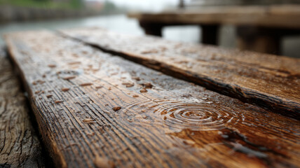 Close-up of wet wooden table with raindrops in outdoor setting