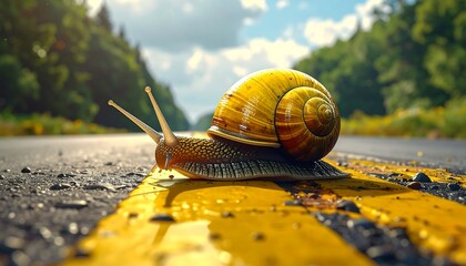 Snail crawls across a yellow-striped asphalt road under a sunny, blurred background of green trees