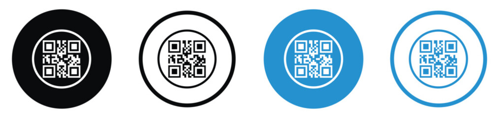 Set of QR code vector icons in different styles. Minimalist square matrix barcodes inside circular borders in black and blue, ideal for digital payments, scanning, and mobile link identification.