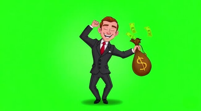 Cartoon businessman dance with money bag on green screen background.