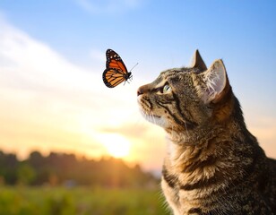 Striped cat gazes at a monarch butterfly against a sunset sky, with green foliage in the blurred background