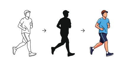 Fototapeta premium Man running sequence line art, silhouette and full color illustration of an athlete jogging for fitness and exercise