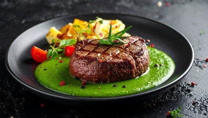Steak on a black plate with potatoes and green sauce, against dark textured backdrop, tomatoes and herbs as garnish