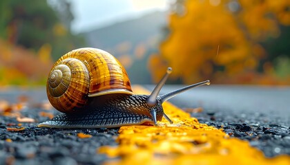 Snail crawls over a yellow line on asphalt with blurred foliage in the background, creating soft lighting