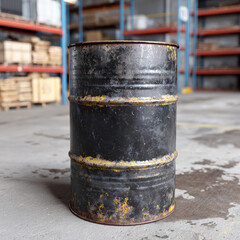 Naklejka premium Rusty industrial barrel in large warehouse storage environment