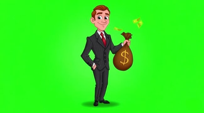 Cartoon businessman dance with money bag on green screen background.