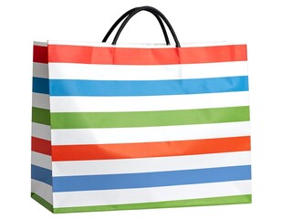 Striped gift bag with red, white, blue, green horizontal bands and black handles isolated on a plain white background