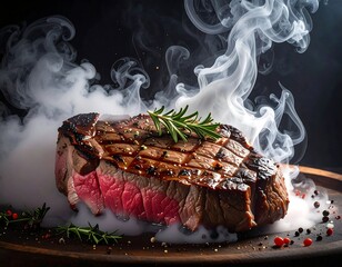 A grilled steak on a plate with smoke, herbs, and spices