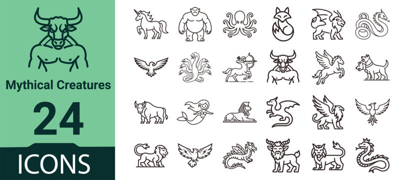 Mythical creatures icons set, minimal fantasy folklore line-art symbols collection