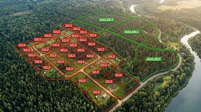 Aerial overview of forest land plots with sold and available markers, nature real estate aerial, drone.