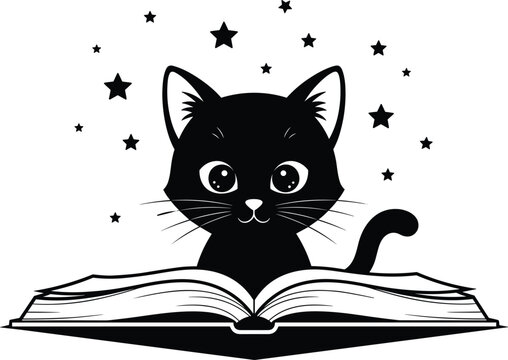 Cute black cat reading an open book with magic stars, whimsical library illustration, feline bookworm character, fantasy storytelling concept for children, education