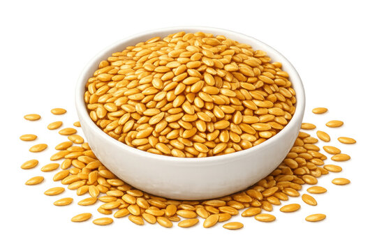 Golden flax seeds in white bowl, a healthy superfood, promoting wellness, nutrition, and organic cooking ingredients