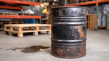 Naklejka premium Rusty industrial barrel in warehouse setting for storage