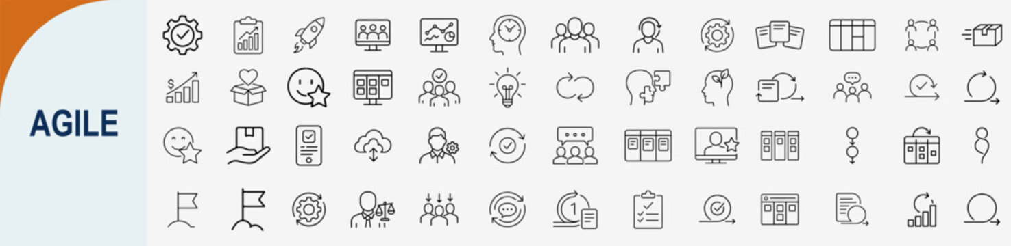 Agile project management and software development outline icon set, isolated vector.