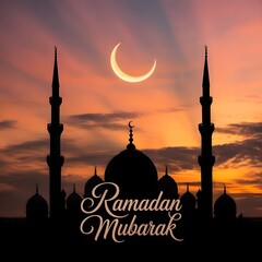 a stunning photograph of a majestic mosque under sunset view with Ramadan Mubarak written on the sky