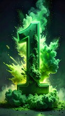 A large green number one surrounded by smoke