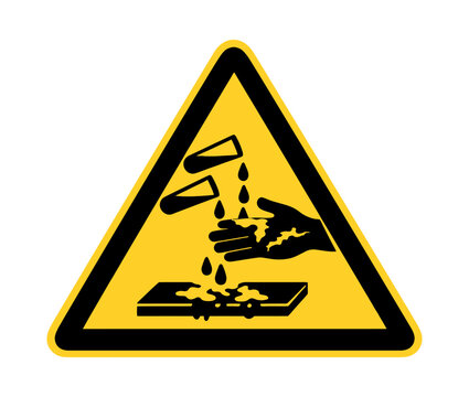 Graphic illustration of a corrosive warning sign depicting chemical burn to hand and surface for safety applications