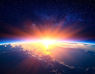 Sunrise over Earth's curve; clouds and stars form a celestial horizon of colors in space