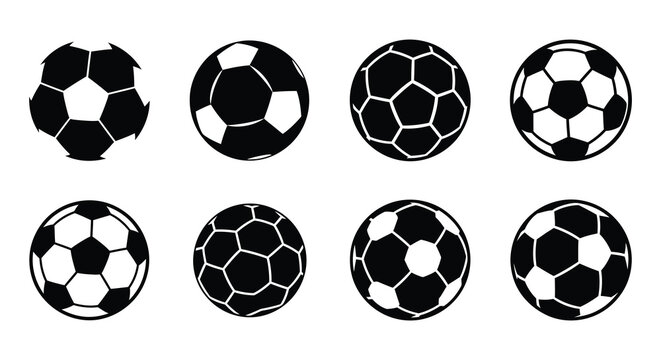Collection of black and white soccer ball icons in various dynamic poses