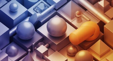 Abstract Geometric Composition with Spheres and Cubes in Blue and Gold.