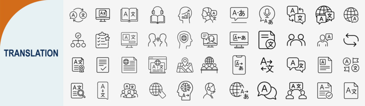 Translation line icons set for language learning and global communication
