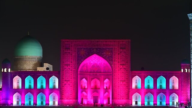 Tilya Kori Madrasa Night Illumination in Samarkand, Uzbekistan
