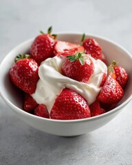 Ripe red strawberries with luscious cream in a white bowl fruit
