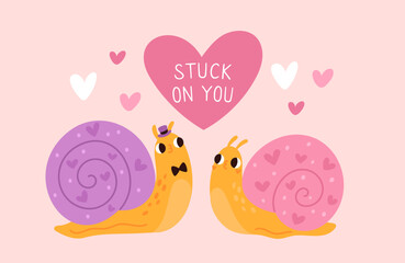Fototapeta premium Snails valentine day card. Happy couple characters in love, funny clams with shells, cartoon cute slugs pair together, romantic relationship garish vector comic flat style isolated concept
