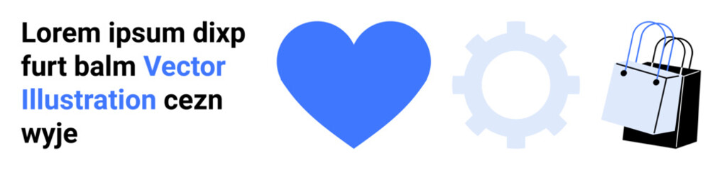 Health, technology, e-commerce, retail, design, innovation. Blue heart, gear symbol and shopping bags. Health and technology concepts combined with e-commerce innovation