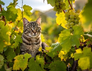 Striped tabby cat sits amongst green grape vines, dappled with light, looking forward intently at something off-camera