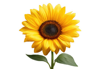 Naklejka premium Single bright yellow sunflower with dark center and green leaves on black background bloom blossom 1