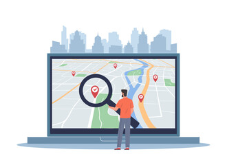 Navigation system. Geolocation software, man is looking for geo tag on city map, geolocation search on laptop screen with magnifier and pins, city navigation vector cartoon isolated concept © YummyBuum