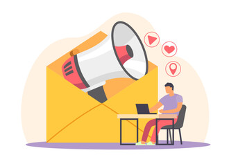 Electronic newsletter, marketing. Simultaneous multi dispatch, guy working behind laptop, digital communication management, social media audience advertising vector cartoon isolated concept