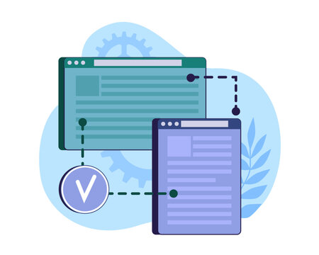Cross browser compatibility. Network of links, program windows connected to each other, data transfer, showing structure link, integration and verified cartoon isolated vector concept