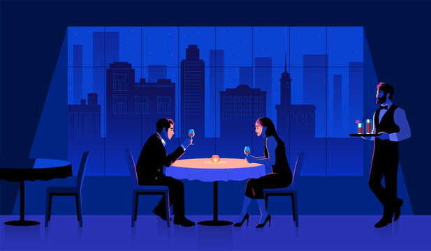 Couple in restaurant. Romantic evening, anniversary celebration or first date, man and woman drink wine at set table in night, waiter carrying drinks tidy vector cartoon isolated concept
