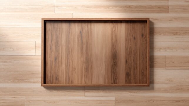 A simple wooden tray placed on a light wooden surface for various uses.