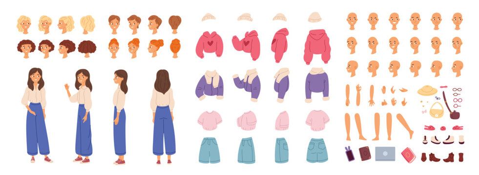 Young girl character kit. Teenager constructor, different emotion, poses, haircuts and trendy clothes, body parts in various view, figures for animation, garish vector cartoon isolated set