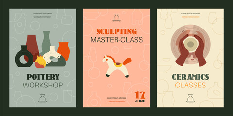 Naklejka premium Pottery master classes. Clay sculpting training, creation of dishes, toys and vases, ceramics workshop, invitations and greeting design for classes, tidy vector cartoon isolated concept
