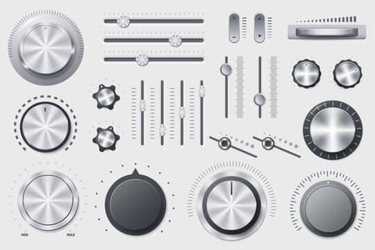 Realistic volume controls. Steel elements, audio equalization mixer dials, metal sliders, regulators chrome buttons, chrome dials, faders and switches, qualitative vector isolated set