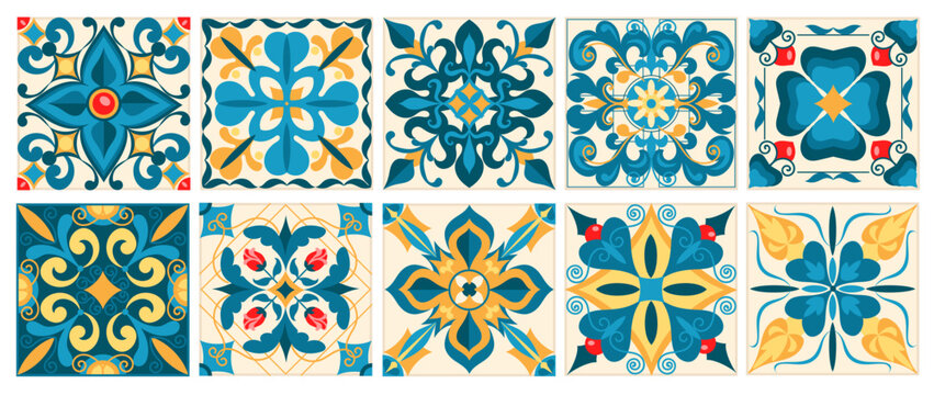 Mediterranean tiles. Azulejo style, patterns enclosed in square forms, portuguese, turkish or spanish ceramic, geometric floral ornaments, oriental arabesque splendid vector isolated set