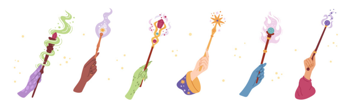 Magic wands in hands. Arms of witches, warlocks and wizards hold wooden sticks, different effects, smoke with particles, fantasy tool with colorful crystals garish vector cartoon flat set