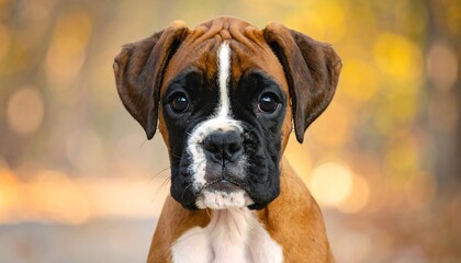 Portrait of a Focused Boxer Puppy with Autumnal Background.
