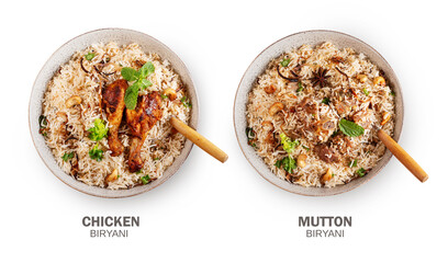 Delicious Chicken and Mutton Biryani isolated on white background