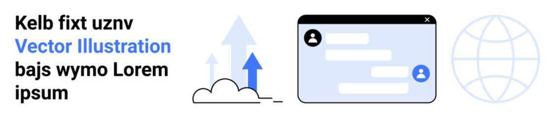 Fototapeta premium Cloud computing, global connectivity, digital communication, online messaging, user interface, data sharing. A browser window with text boxes, arrows clouds and a globe icon. Cloud computing