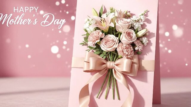 An enchanting soft pink backdrop, subtly lit with gentle bokeh lights, sets a serene and celebratory mood. Centered on a delicate, light pink display, a stunning floral arrangement takes pride of plac
